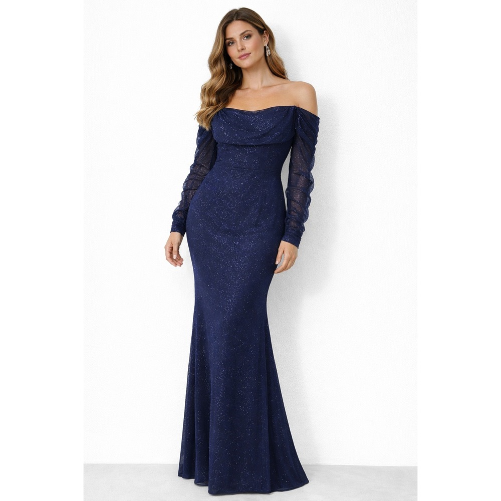 Windsor Navy Size S Sparkle Off Shoulder Ruffle Sleeve Mermaid Gown Dress
